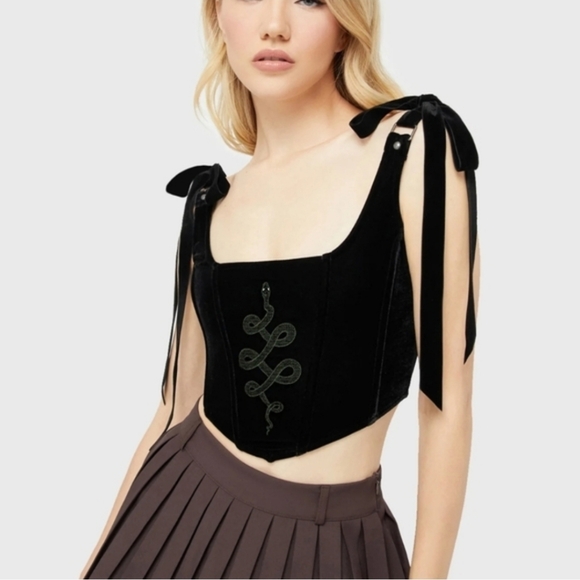 Killstar Tops - Black Velvet Tie-Shoulder Cropped Bustier Top